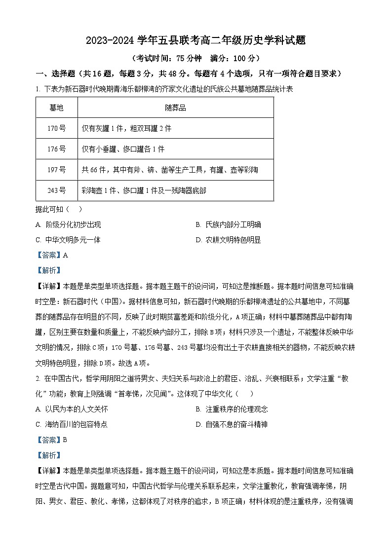 河南省开封市五县联考2023-2024学年高二下学期6月月考历史试题（教师版）第1页