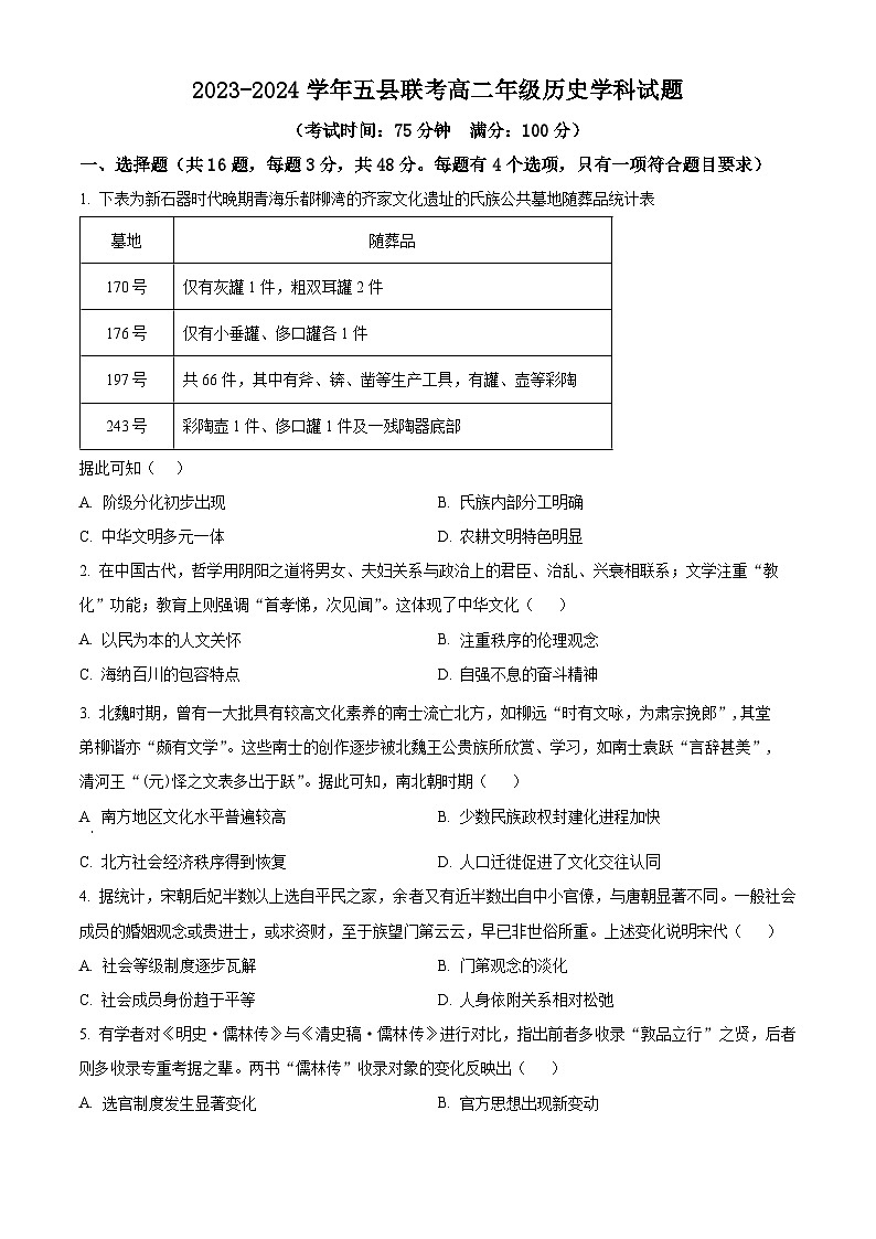 河南省开封市五县联考2023-2024学年高二下学期6月月考历史试题（学生版）第1页