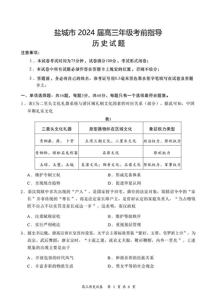 江苏省盐城市2024届高三年级下学期5月月末考前指导卷历史试题01