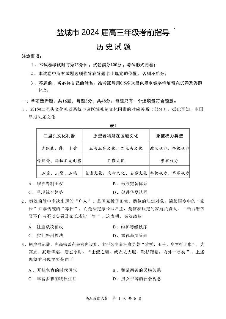 江苏省盐城市2024届高三年级下学期5月月末考前指导卷历史试题01