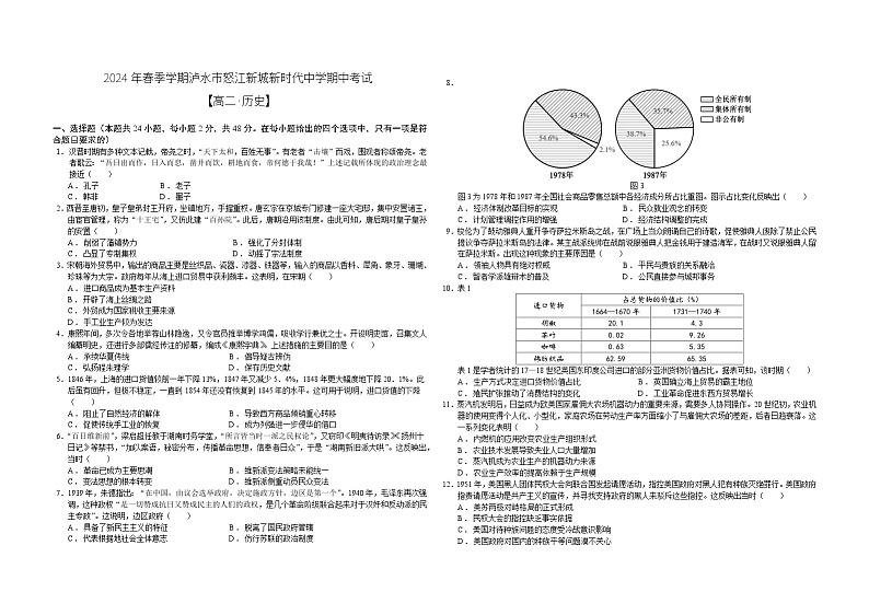 云南省泸水市怒江新城新时代中学2023-2024学年高二下学期期中考试历史试题第1页