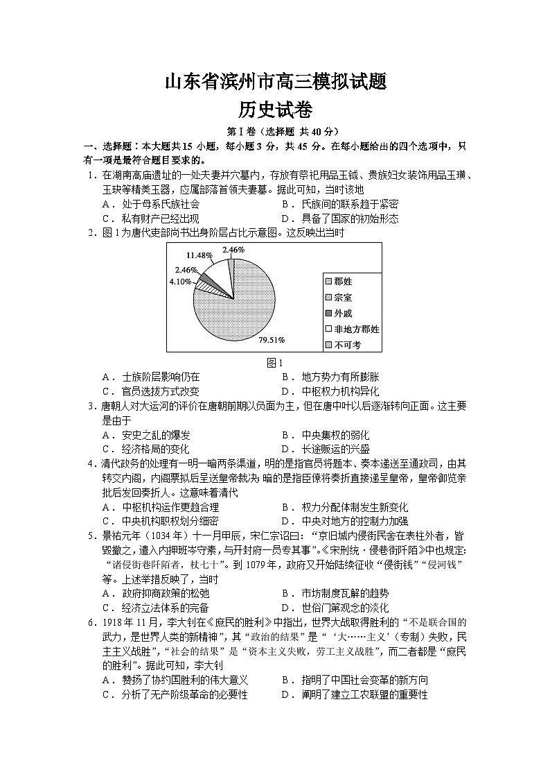 2024届山东省滨州市部分学校高三下学期模拟预测历史试题01