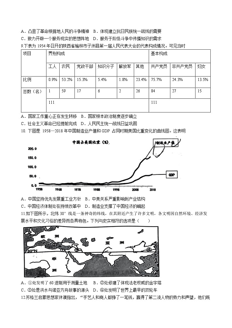 湖北省襄阳市第五中学2023-2024学年高三下学期5月适应性测试历史试题03