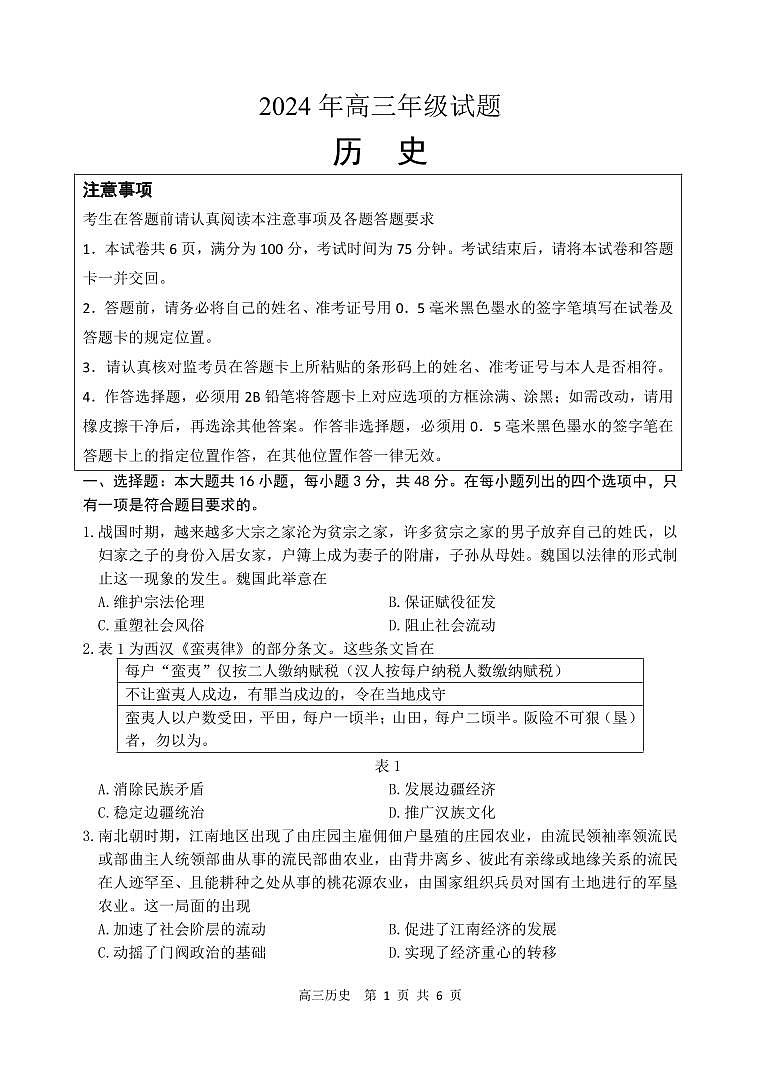2024届江苏省徐州，南通等市高三高考考前打靶卷历史试题01