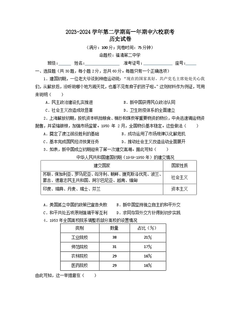 2024福州六校高一下学期期中联考历史试题01