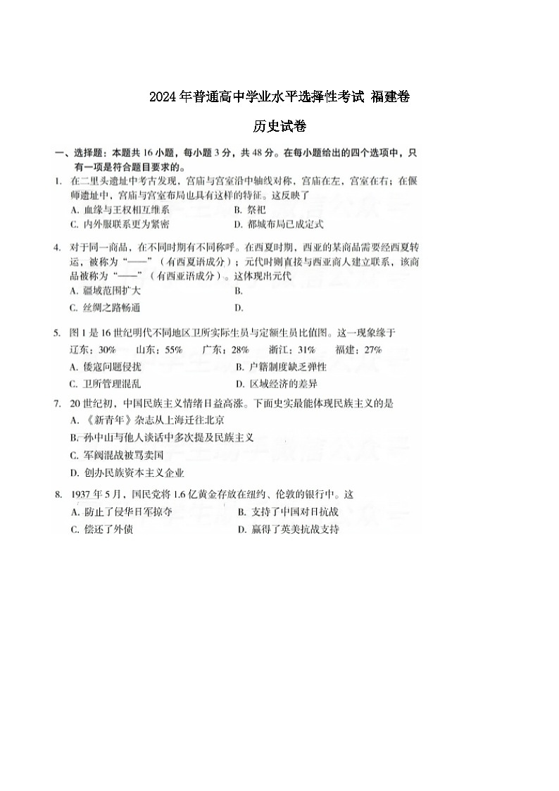 2024届高考真题福建卷历史试题及参考答案01