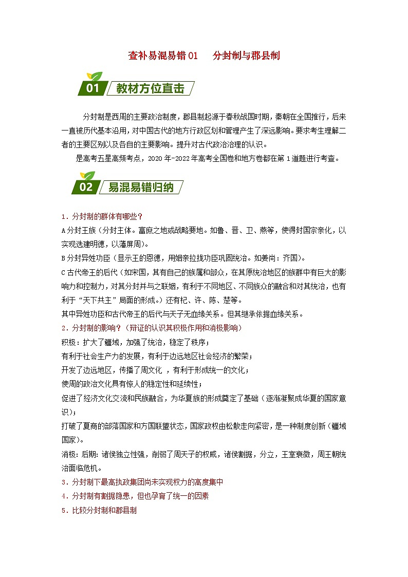全国通用2024高考历史三轮冲刺过关查补易混易错点01分封制与郡县制第1页