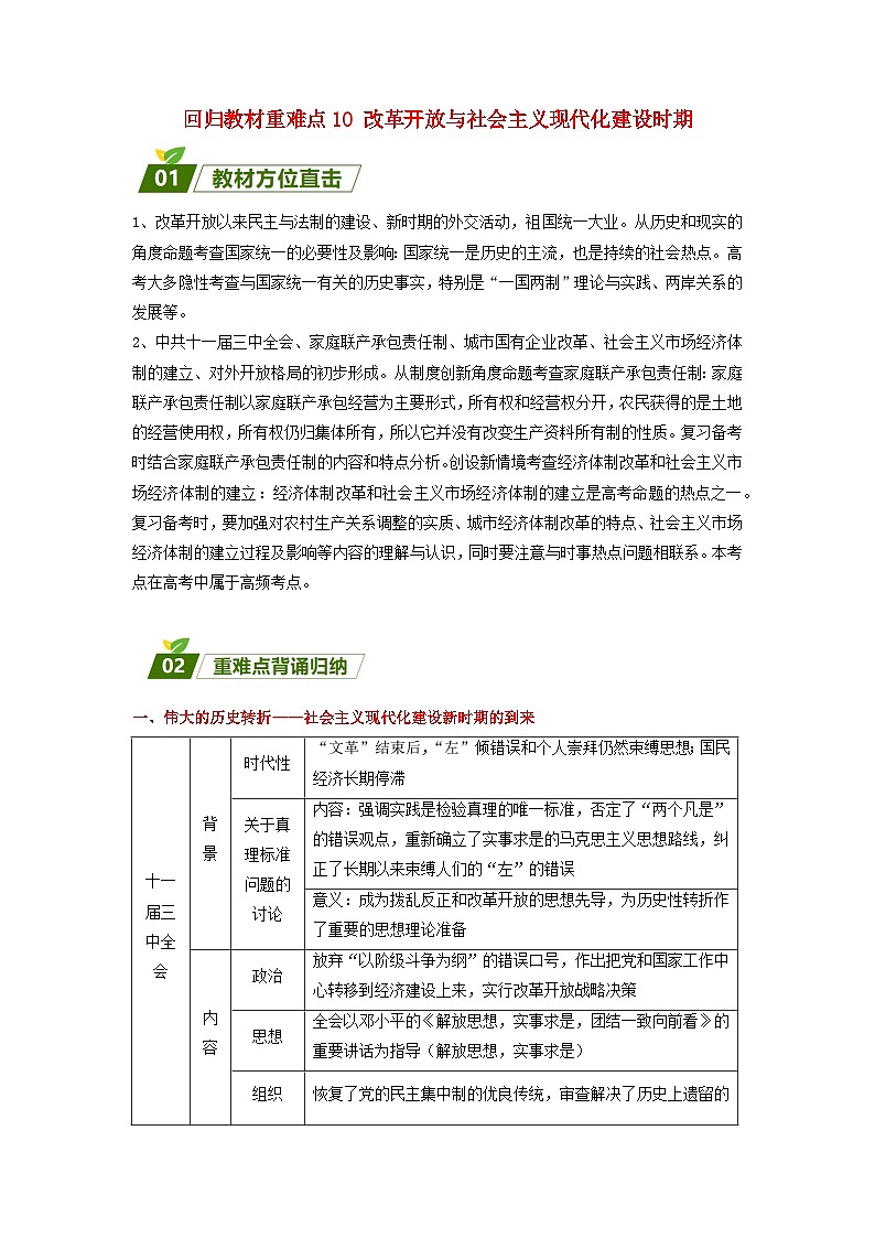 新高考2024高考历史三轮冲刺过关回归教材重难点10改革开放与社会主义现代化建设时期第1页