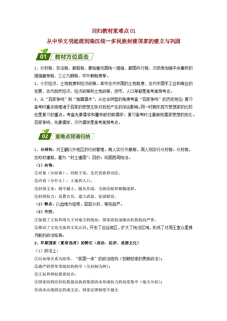 新高考2024高考历史三轮冲刺过关回归教材重难点01从中华文明起源到秦汉统一多民族封建国家的建立与巩固01