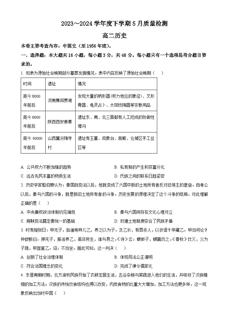 2024河南省名校联盟高二下学期5月联考试题历史含解析第1页