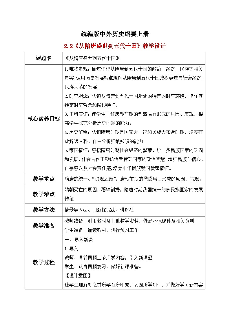 统编版高中历史必修中外历史纲要上册第6课《从隋唐盛世到五代十国》课件+教案01