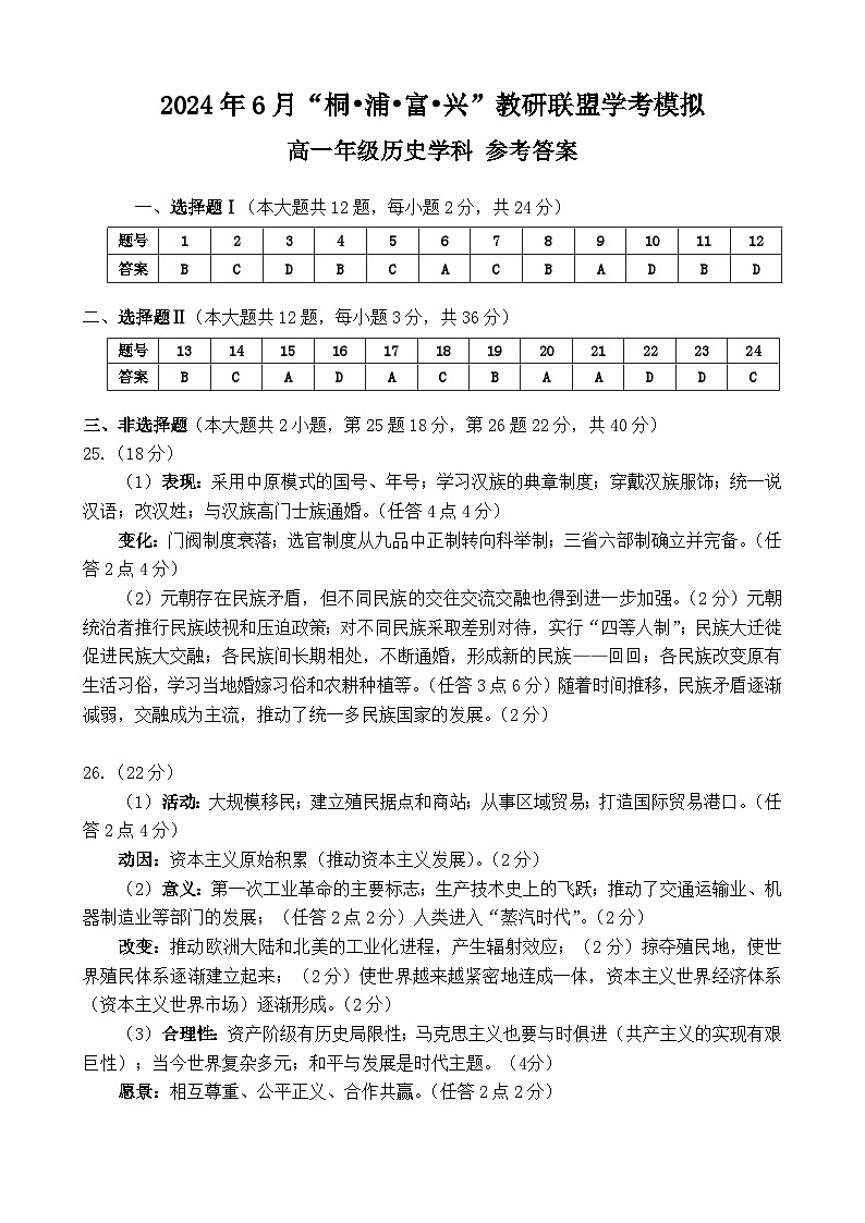 2024年浙江省杭州市“桐•浦•富•兴”教研联盟高一下学期6月学考模拟历史试卷01