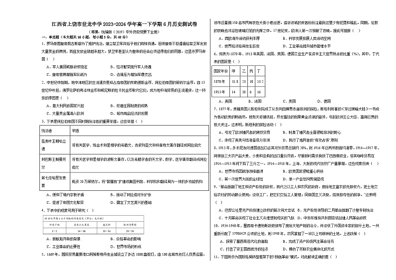 江西省上饶市私立世龙中学2023-2024学年高一下学期6月历史测试卷第1页