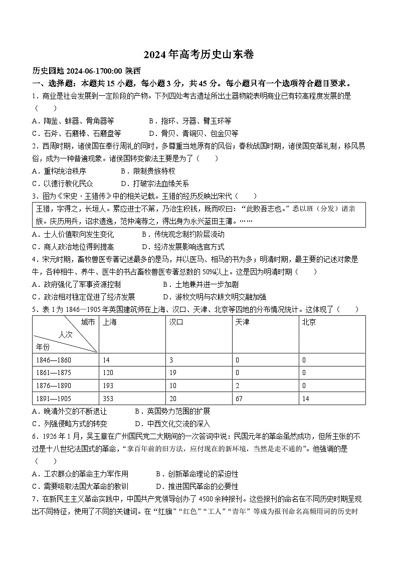 （网络+收集版）2024年新高考山东历史高考真题文档版（无答案）01