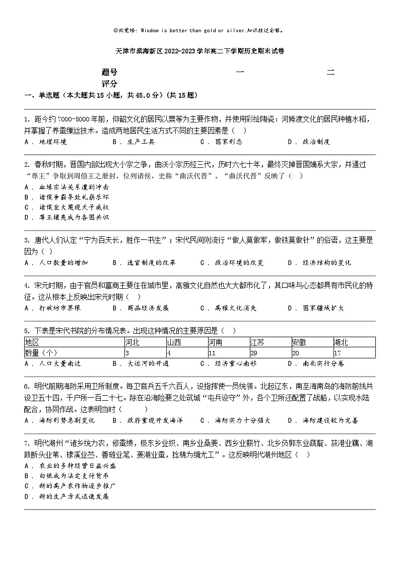 [历史]天津市滨海新区2022-2023学年高二下学期历史期末试卷01