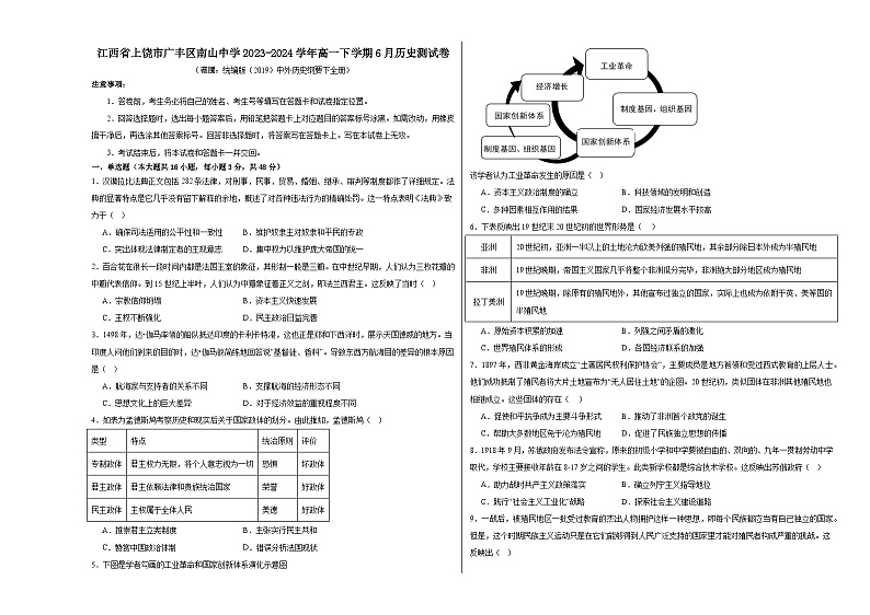 江西省上饶市广丰区私立南山中学2023-2024学年高一下学期6月月考历史测试卷01