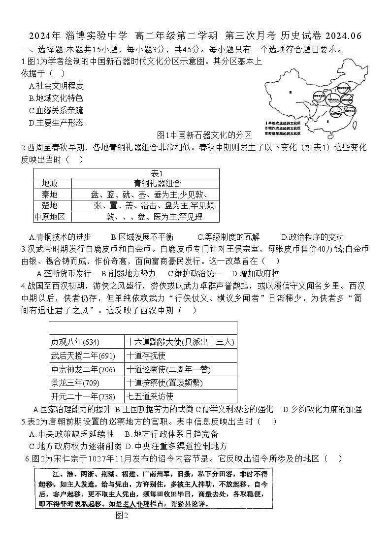 山东省淄博实验中学2023-2024学年高二下学期6月月考（第三次月考）历史试题01