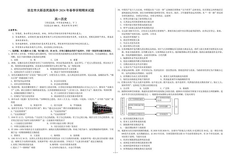 广西壮族自治区崇左市大新县民族高级中学2023-2024学年高一下学期期末考试历史试题01
