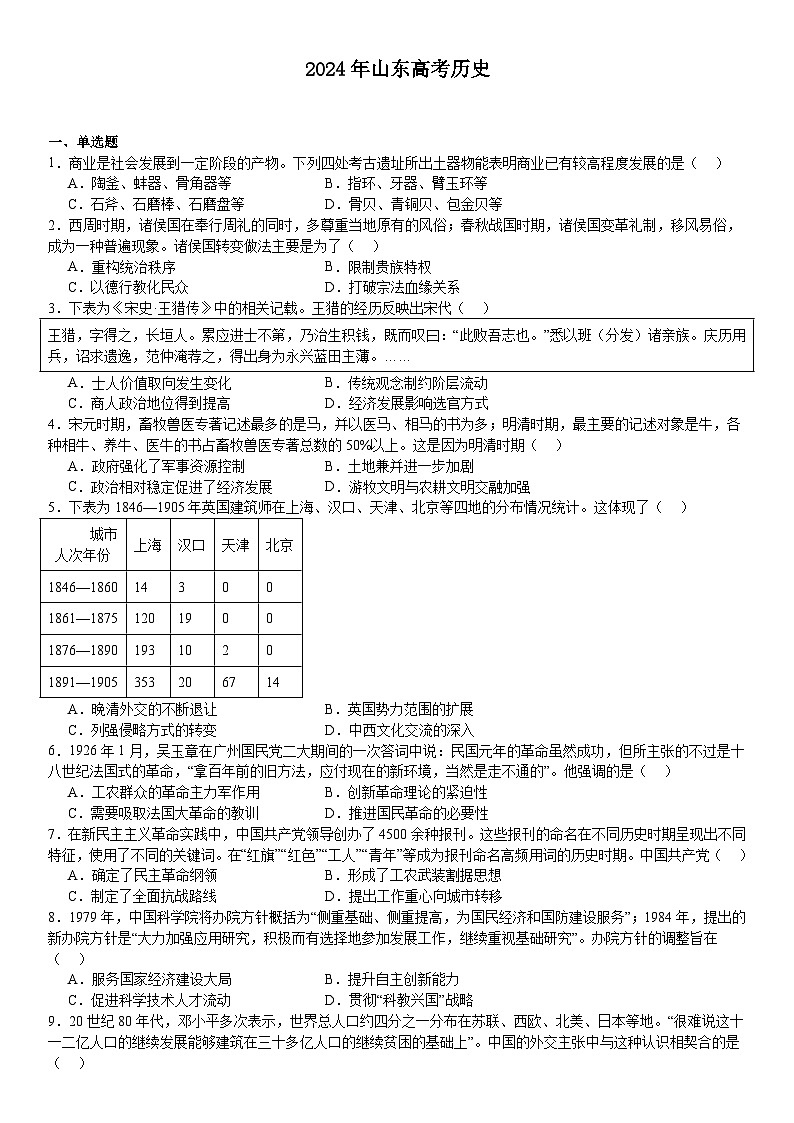 2024年山东高考历史真题试题（原卷版+含解析）01