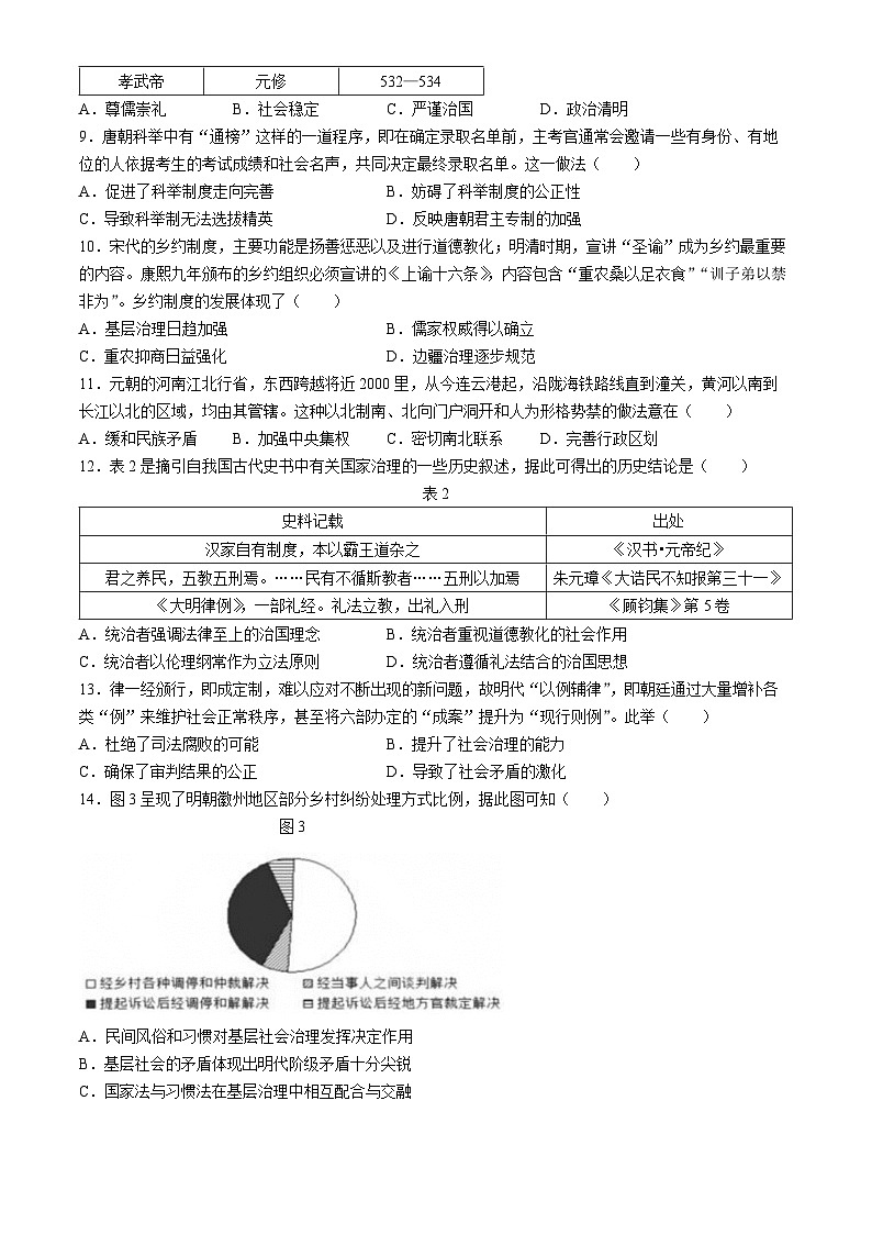 安徽省芜湖市第十二中学2021-2022学年高二上学期期中考试历史（文科）试卷02