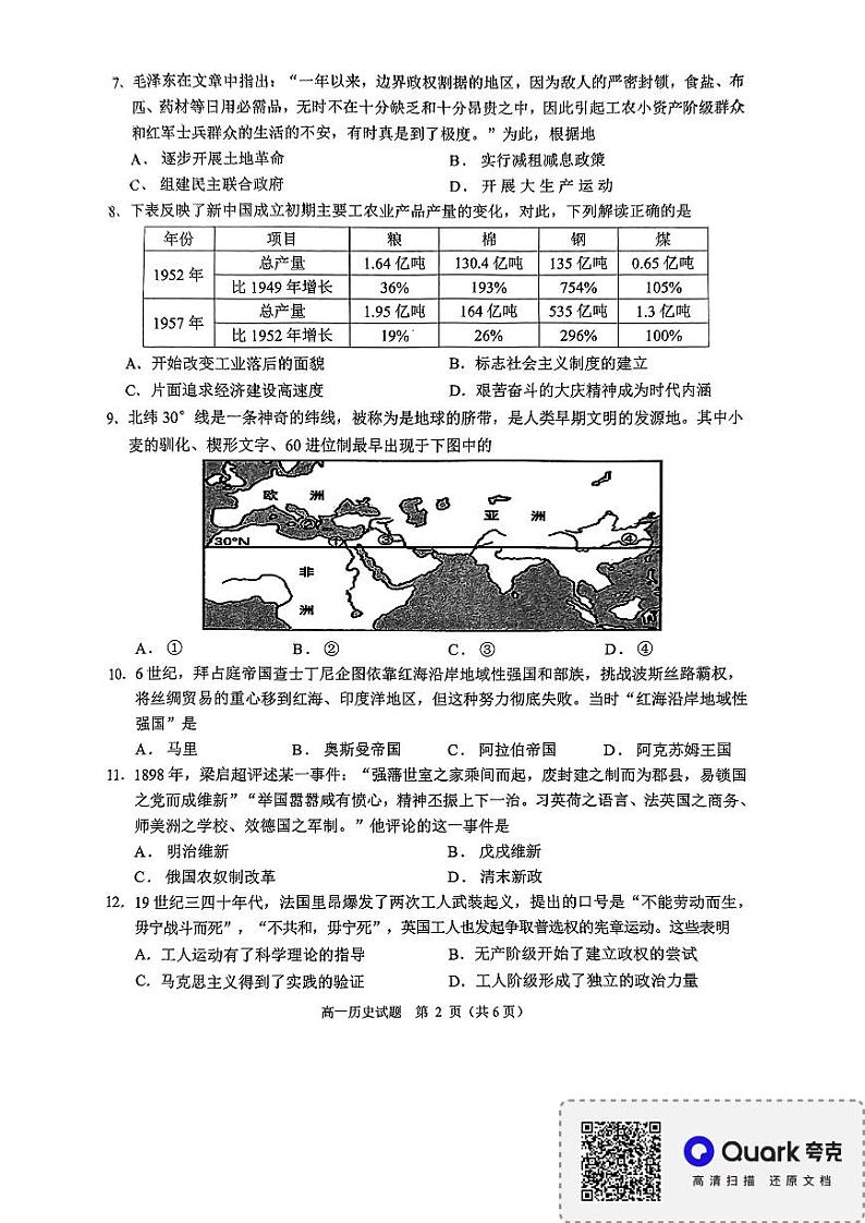 浙江省诸暨市2023-2024学年高一下学期学业水平考试适应性历史试题第2页