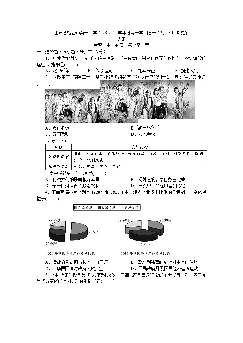 山东省烟台第一中学2023-2024学年高一上学期12月份月考历史试题01