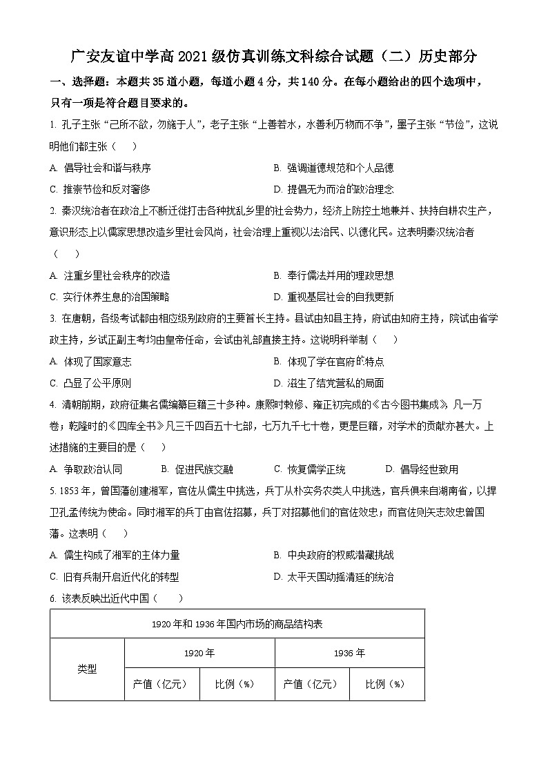四川省广安友谊中学2024届高三下学期仿真训练文科综合（二）历史试题 Word版无答案第1页