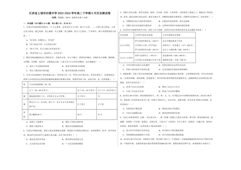 [历史]江西省上饶市沙溪中学2023～2024学年高二下学期6月测试卷(有解析)第1页