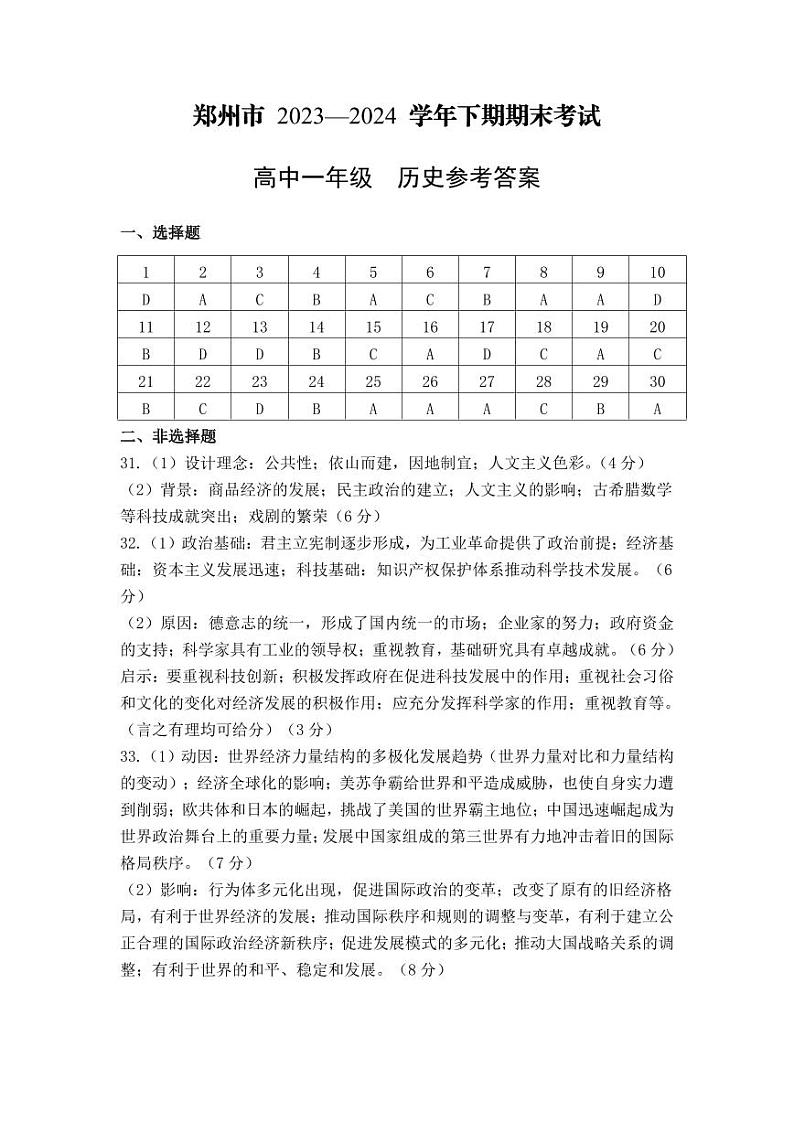 河南省郑州市2023-2024学年高一下学期期末考试历史试题01