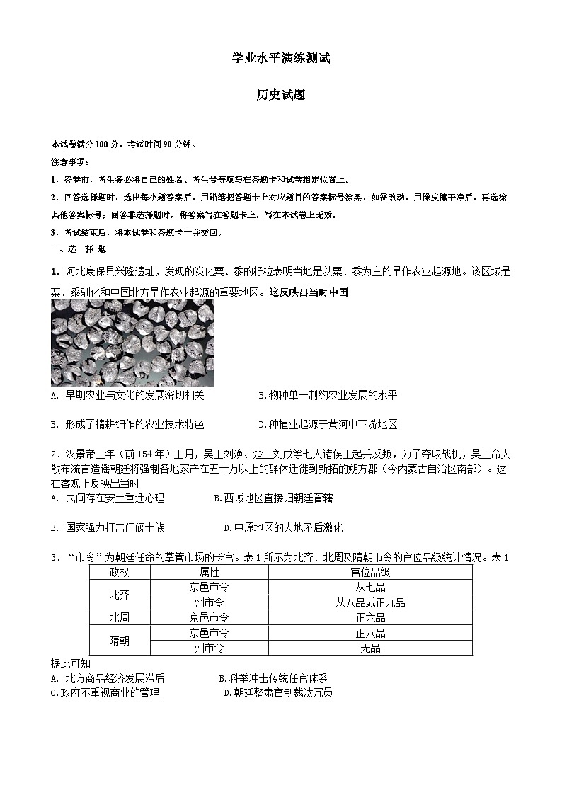 河北省深泽县中学2023-2024学年高二下学期学业水平演练测试历史试题01
