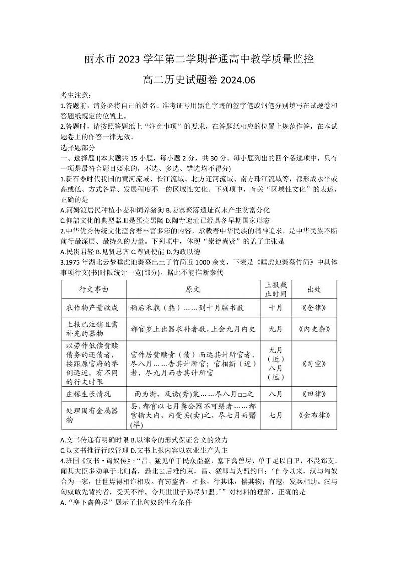 浙江省丽水市2023-2024学年高二下学期6月期末考试历史试题及答案第1页