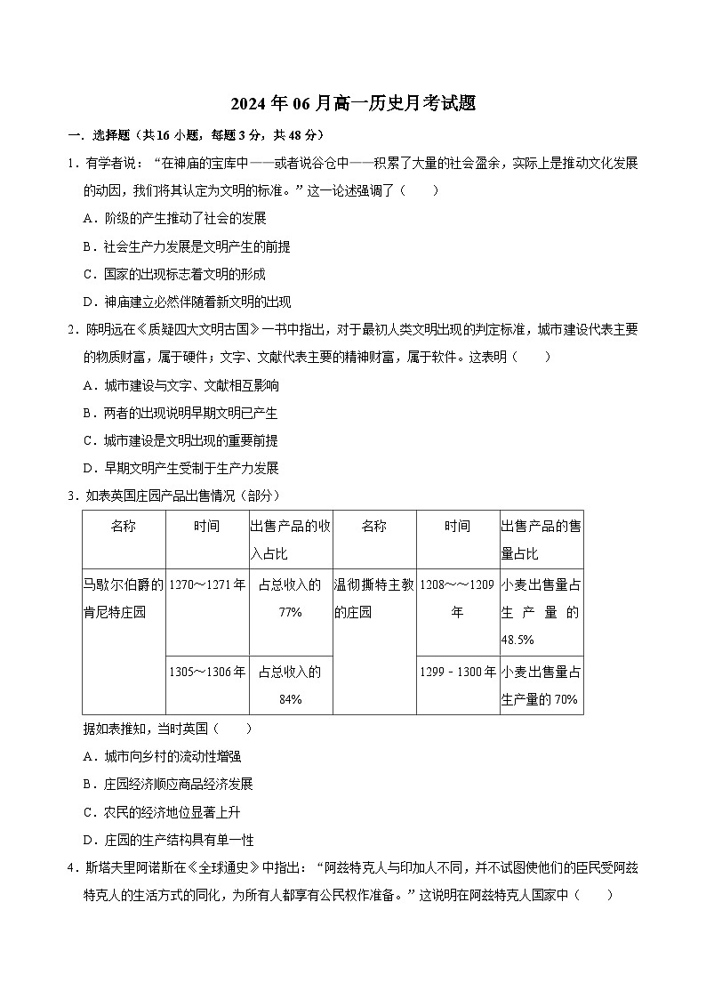 2024邵阳二中高一下学期6月期末历史试题含答案第1页