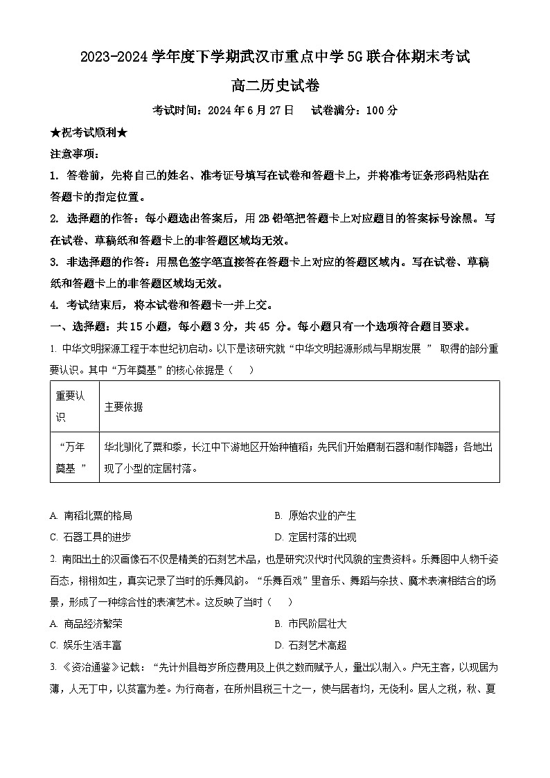 湖北省武汉市重点中学5G联合体2023-2024学年高二下学期期末考试历史试卷  Word版无答案第1页