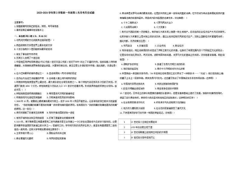 重庆市巴渝学校2023-2024学年高一下学期3月第一次月考历史试题01