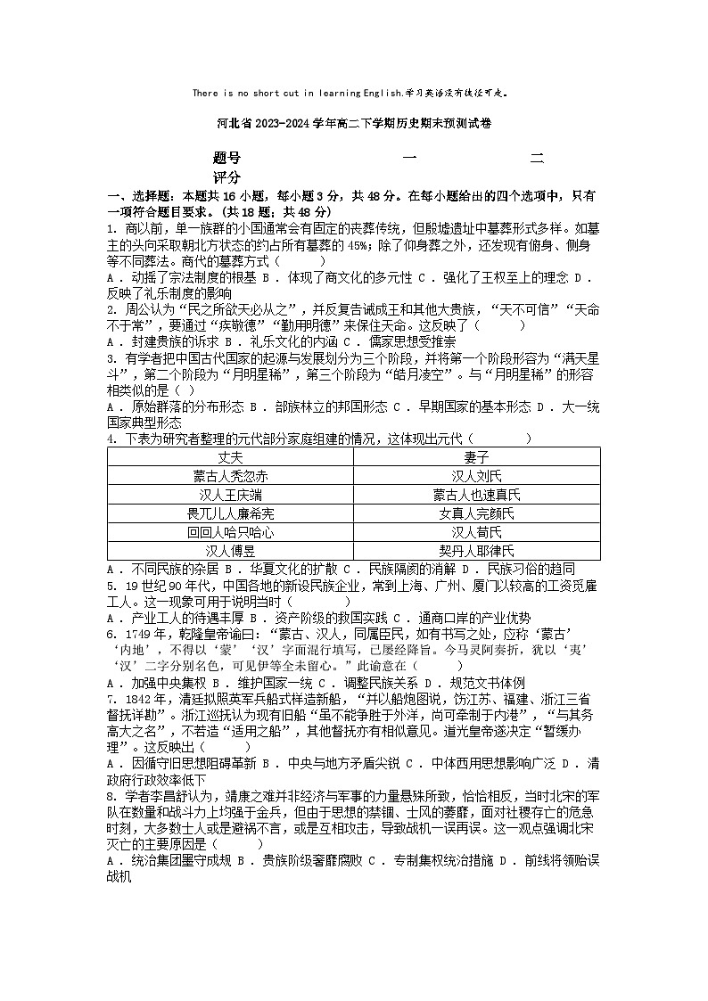 [历史][期末]河北省2023-2024学年高二下学期历史期末预测试卷第1页