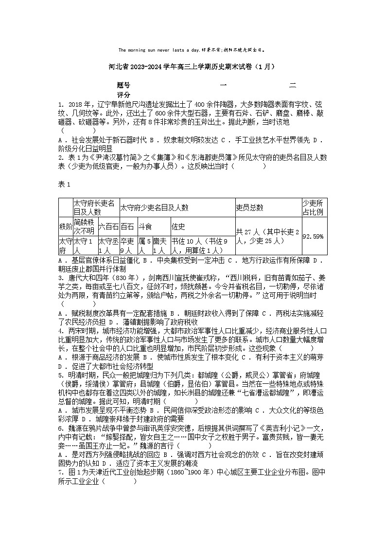 [历史][期末]河北省2023-2024学年高三上学期历史期末试卷(1月)01