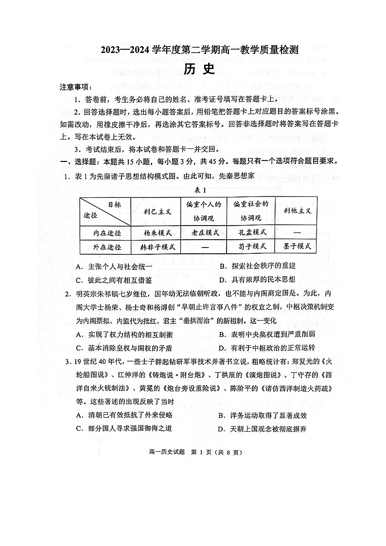 山东省淄博市2023-2024学年高一下学期期末考试历史试题第1页