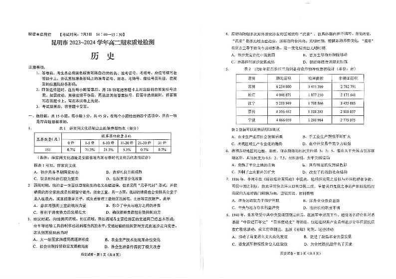 云南省昆明市2023-2024学年高二下学期7月期末考试历史试题第1页