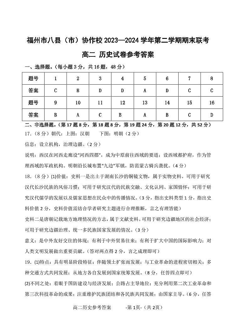 福建省福州市八县（市）协作校2023-2024学年高二下学期期末联考历史试题01