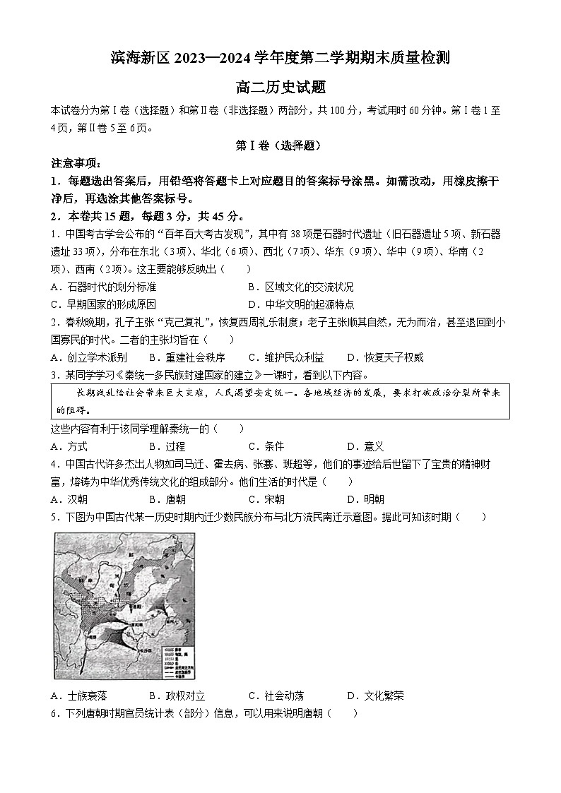 天津市滨海新区2023-2024学年高二下学期期末检测历史试题(无答案)01