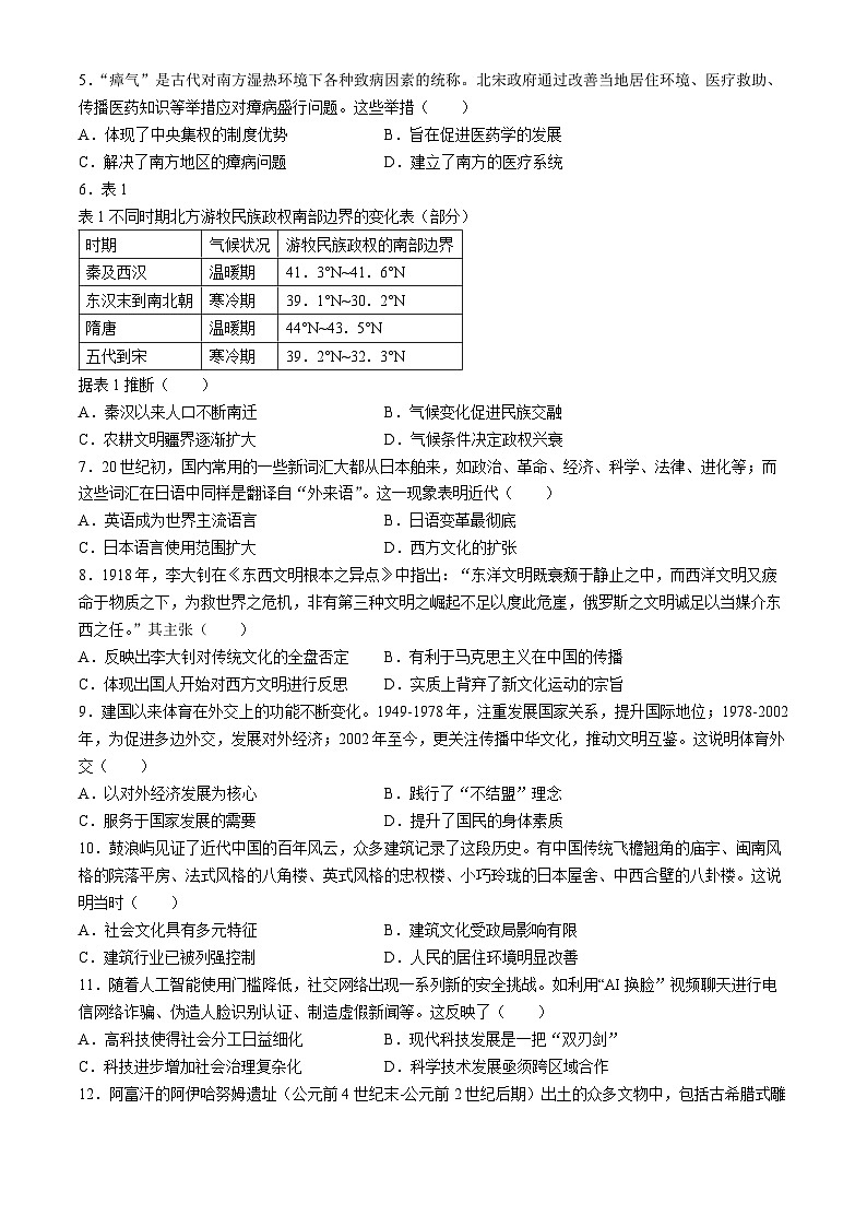 福建省漳州市2023-2024学年高二下学期期末教学质量检测历史试题02