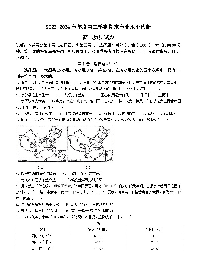 山东省烟台市2023-2024学年高二下学期期末学业水平诊断历史试题(无答案)第1页