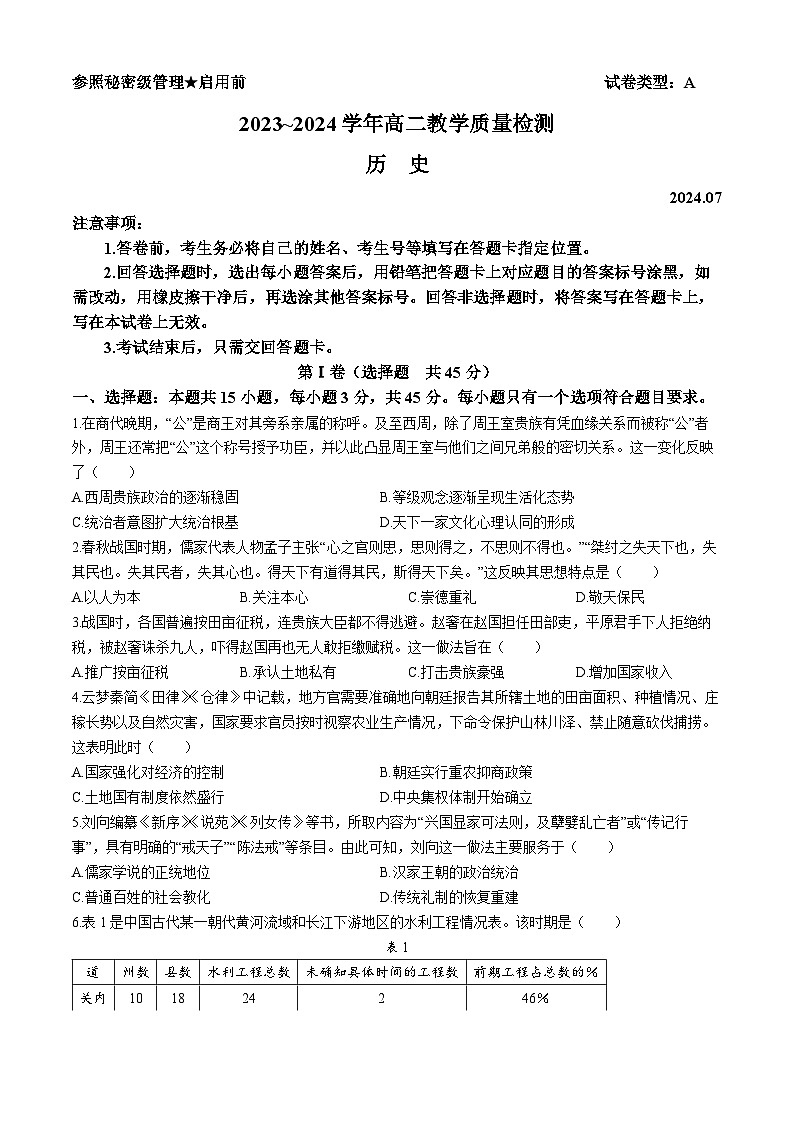 山东省枣庄市薛城区2023-2024学年高二下学期期末考试历史试卷(无答案)01