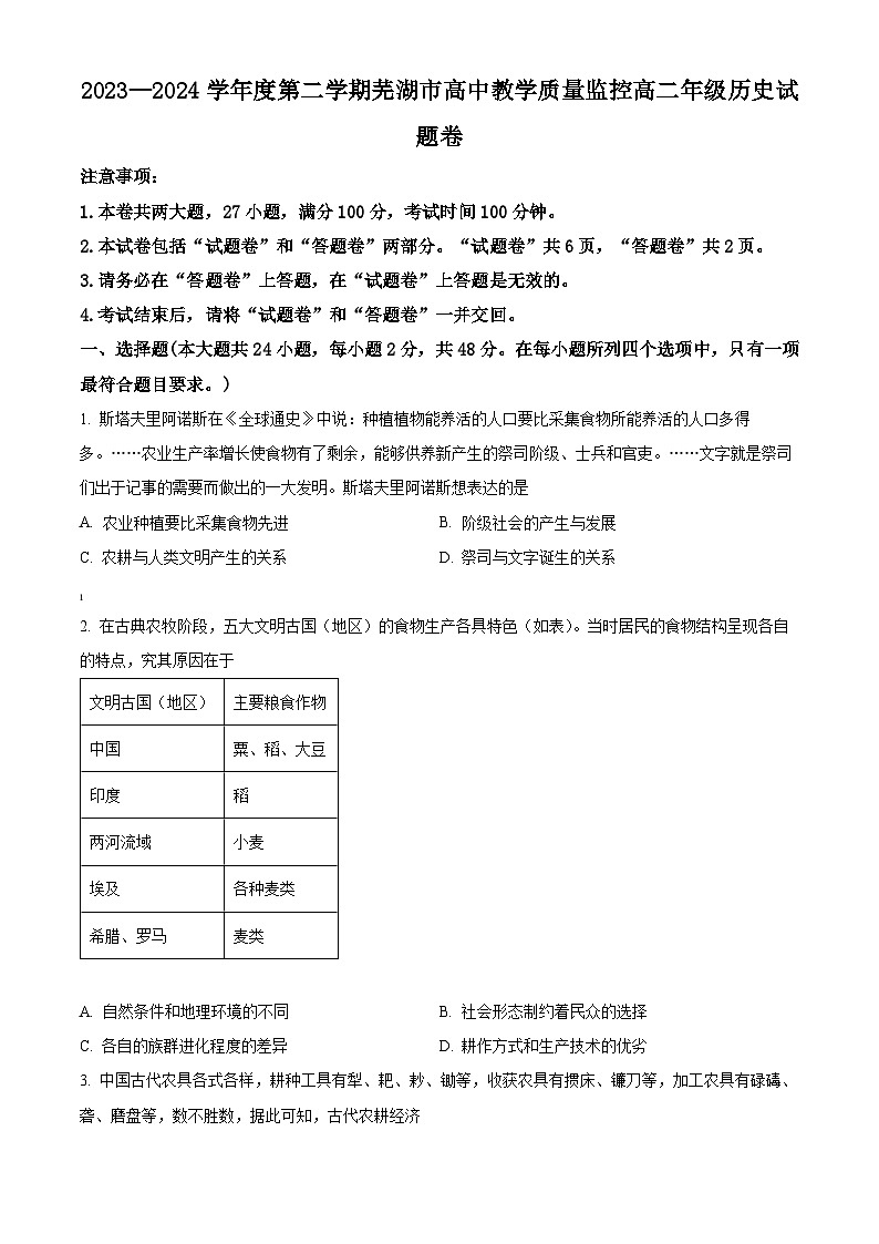 安徽省芜湖市2023-2024学年高二下学期期末考试历史试卷（Word版附解析）01