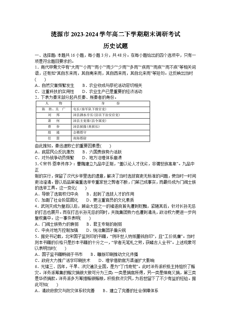 湖南省涟源市2023-2024学年高二下学期期末调研考试历史试题第1页