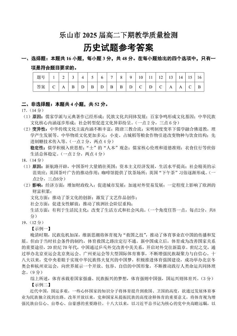 四川省乐山市2023-2024学年高二下学期期末教学质量检测+历史答案第1页