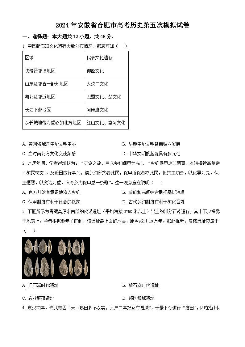 安徽合肥市2024届高三下学期第五次模拟历史试题 Word版无答案第1页