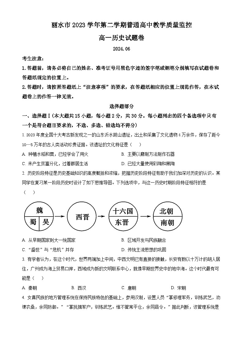 2024丽水高一下学期6月期末考试历史含解析第1页