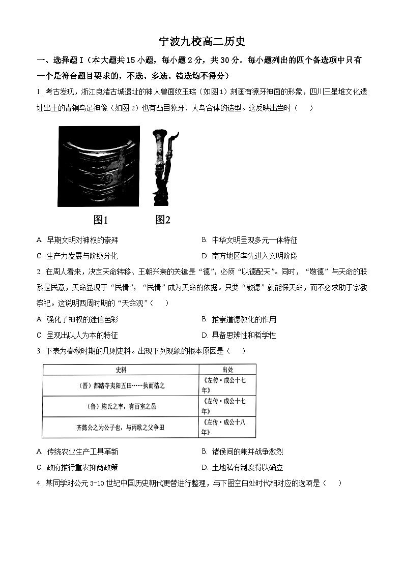 浙江省宁波市九校2023-2024学年高二下学期期末考试历史试题 Word版无答案第1页