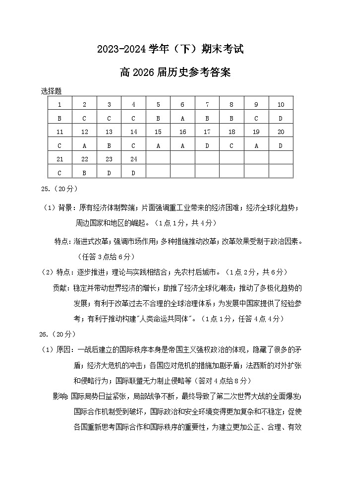 重庆市主城区七校2023-2024学年高一下学期期末考试历史试题01